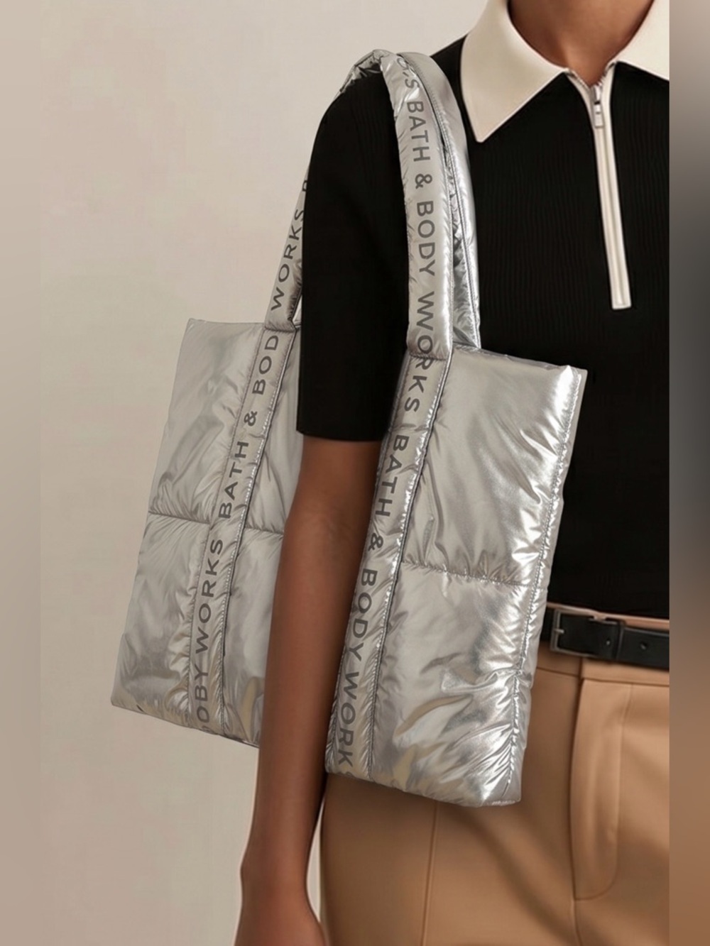 Bath & Body Works Silver Metallic Quilted Tote with Branded Straps